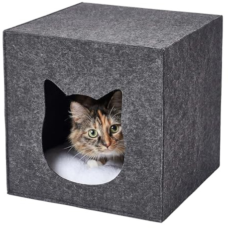 Relaxdays Katzenhöhle, Filz, HxBxT: 33 x 33 x 37 cm, Katzenhaus für Regale, faltbar, mit Kissen, Katzenbett, dunkelgrau