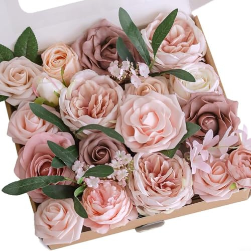 BEAZOOM Fiori artificiali eleganti rosa e bianchi per matrimoni, bouquet da sposa, centrotavola, decorazione per torte, decorazione per la casa, seta realistica (rosso rosso)