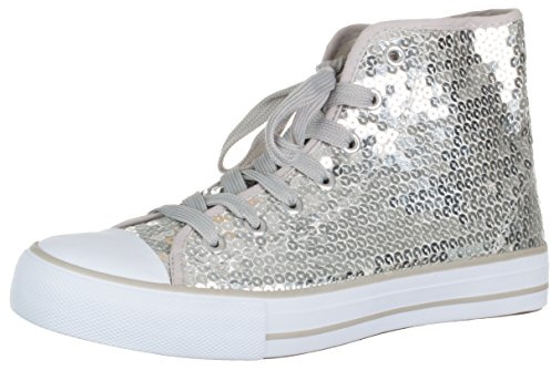 Brandsseller Damglitter sneakers, paljetter, halvhög, damsnörning, damboots, silver, 40 EU