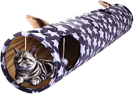 Luckitty Großes Katzenspielzeug, zusammenklappbar, Tunnelschlauch, mit Plüschbällen, für kleine Haustiere, Kaninchen, Kätzchen, Frettchen, Welpen und Hunde, grau