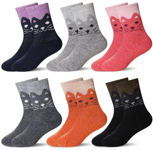 Eocom Kids Wool Socks Winter Warm Wool Hiking Thermal Thick Boot Cozy Crew Socks for Toddlers Boys Girls 6 Pairs(4-7 Years, Cat)