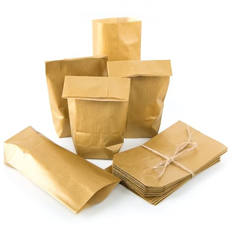 Kleine Papiertüten, 50 Stück: Kreuzbodenbeutel Gold, Bodenbeutel Papier, Papiertüte Kraftpapier, Geschenktüte für Lebensmittel & Mitgebsel, Papiertaschen zum Befüllen, Papierbeutel, 9 x 15 x 3,5 cm