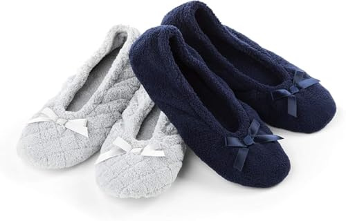 isotoner Women's 2 Pack Microterry Ballerina Slippers with Satin Bow, Suede Sole, and Terry Lining , Light Grey Quilted/Navy Blue Solid, 9.5-10.5