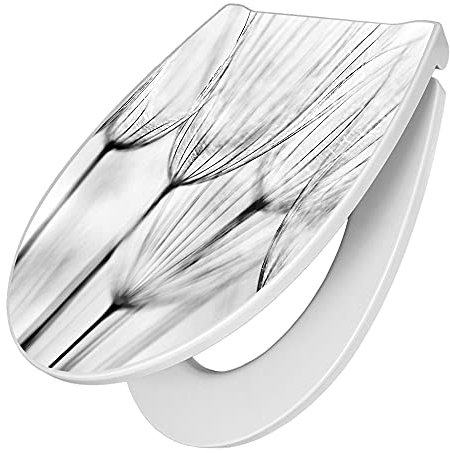 banjado Premium Toilettendeckel mit Absenkautomatik 45x38,4cm / WC Brille Soft Close/hygienischer Toilettendeckel/Klodeckel Duroplast mit Edelstahl Scharnier/Motiv Pusteblumen SW