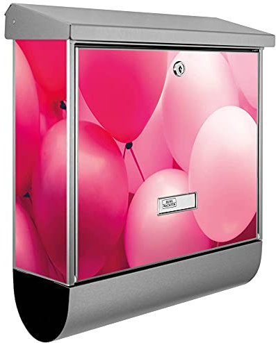 banjado® Burgwächter Briefkasten Edelstahl 38x39x12cm mit Motiv Rosa Ballons 2 / Briefkasten Edelstahl ohne Zeitungsfach/Briefkasten grau/Postkasten inkl. Montagematerial & 2 Schlüsseln