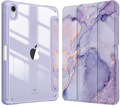 Fintie Hybrid Hülle für iPad mini 7 (A17 Pro) 2024/ iPad mini 6. Gen 2021 | Stoßfeste transparenter Hartschalen-Rückseite Schutzhülle mit Stifthalter, Schlank Ständer Tablet Case, Marmor Lila