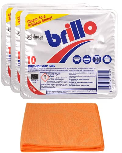 3X Brillo Multi-use Soap Pads (3 X 10 Pads)- Household Cleaner - Effective for Cleaning Pots, Pans, Cookers - with Ultra Absorbent Microfibre Cleaning Cloth