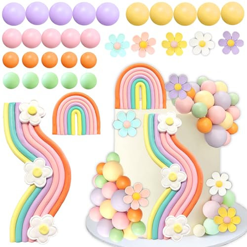 Rainbow Cake Topper Colorful Balls Blue Dog Cake Decorations Daisy Flower Retro Hippie Groovy Cake Topper for Baby Shower Birthday Party Supplies
