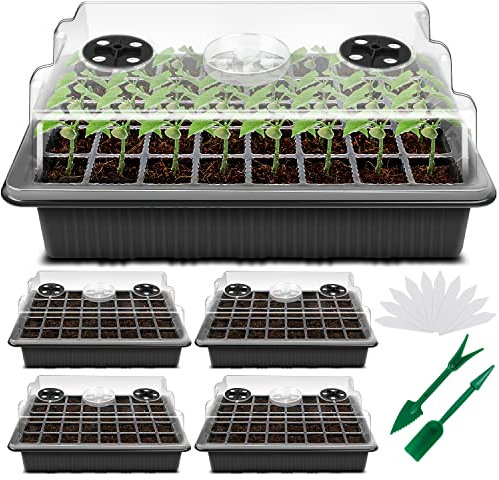 YAUNGEL Zimmergewächshaus Anzuchtkasten, Verdicken XL Anzuchtset 38x24x12 cm Mini Gewächshaus Anzucht Set mit Deckel und Belüftung für Samen & Setzlinge, 4 Stück 160 Pflanzlöchern, Schwarz