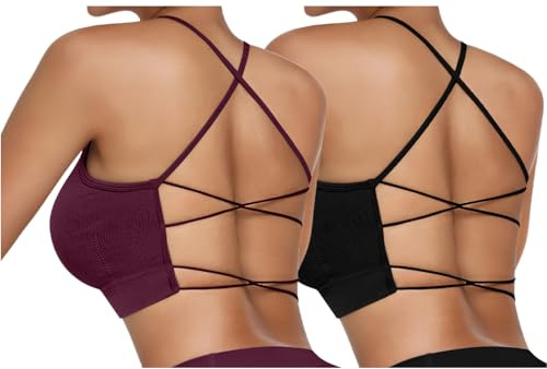 Vertvie Dam sport-BH vadderad crossback yoga sport bh, spagettiband, korsad ribbad bustier utan bygel, ventilerande bh med avtagbara kupor, 2 st: svart + vinröd, M