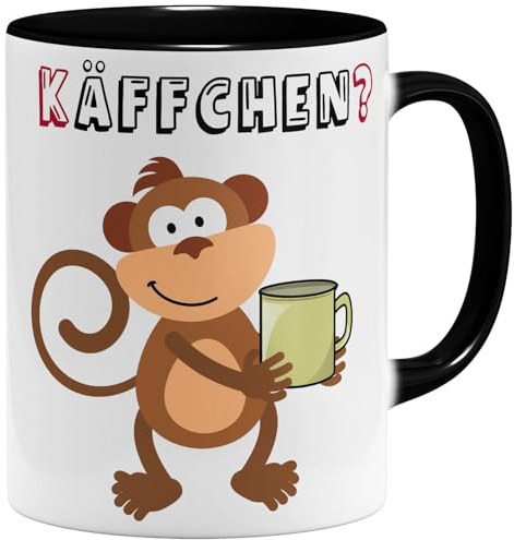OM3® Käffchen? Lustige Kaffee-Tasse mit Spruch - Affenmotiv Äffchen Affe - Spruchtasse Statement - Keramik Becher - 325ml - Beidseitig Bedruckt - Schwarz