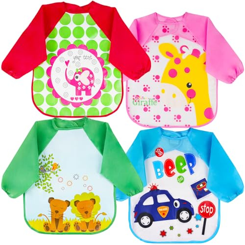 Vicloon Baby Lätzchen mit Lange Ärmeln, 4 Stück Wasserdicht Babylätzchen, Ärmellätzchen Abwaschbar, Unisex für Malen Play Essen Kunst Handwerk Malerei, 4 Muster, Passend für 6-36 Monate Kinder