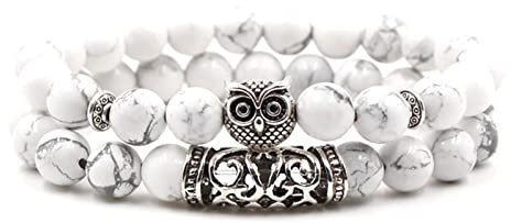 BCughia Edelstein Armband Perlen, Edelstein Armband Set Weiss Metalllegierung 2Pcs Rundschliff Zirkonia Bead Kette 2Er Set Eule Schmuck Geschenk 19cmx8mm