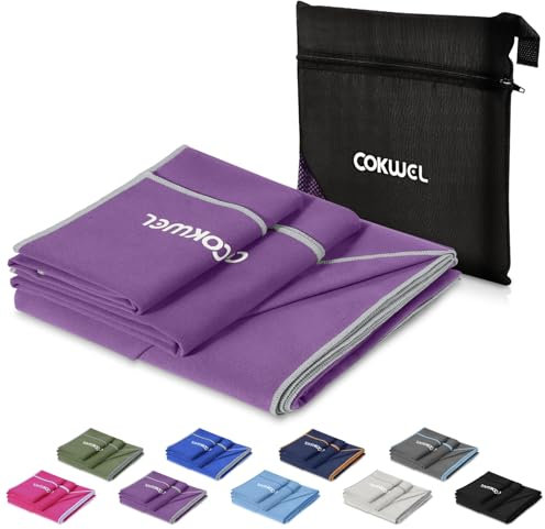 COKWEL Asciugamani in microfibra, 3 pezzi, 152 x 80 cm, 80 x 38 cm, 38 x 38 cm, asciugamano sportivo ad asciugatura rapida, assorbente, per viaggi, palestra, spiaggia, yoga, sauna (Viola scuro)