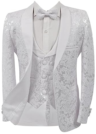 SIRRI Conjunto Completo de 5 Piezas de Esmoquin Entallado con Estampado niños, Traje Formal, comunión, graduación, Boda, 5 Piezas en Blanco Edad 9 años