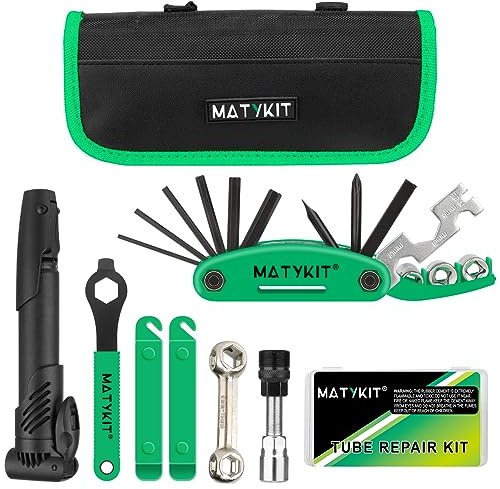 MatyKit Bicycle Tool Kit, 20 in 1 Bike Multitool, Mountain Bike Repair Kit With Bike Bone Wrench, Portable Bicycle Essentials Easy Road Riding Travel Emergency Maintenance (Green Bike Tool Kit)