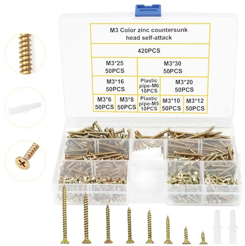 TAIANJI Juego de 420 tornillos autorroscantes, tornillos para madera con tacos, surtido de tornillos mixtos M3 para reparaciones