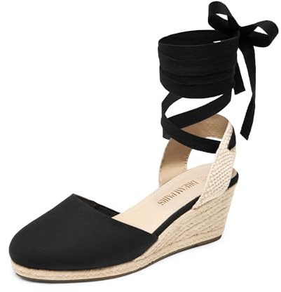 DREAM PAIRS Sandali da donna con zeppa e plateau, punta chiusa, espadrillas con lacci, alla moda, comodi, eleganti, da spiaggia, vocazione, estive, Tela nera, 36 EU