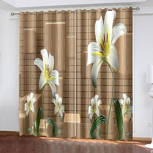 Skcess Gardine, Schiebegardinen Braun Tulpen und Holzmaserungskugeln Vorhang Polyester Gardinen 2er Set 107x214cm(WxH)