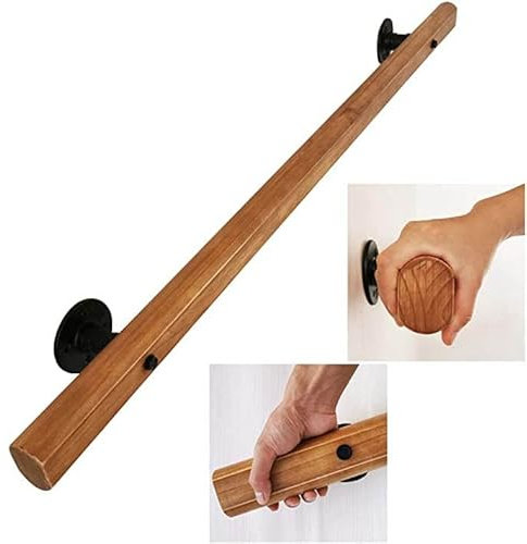 LQSYBHD Pasamanos de Madera de 50-120 Cm,Interiores Exteriores Pasamanos para Escaleras Antideslizante,Barandilla Montada En la Pared con 2 Soportes para Villa Loft Corredor Ático(Size:120cm/3.9ft)