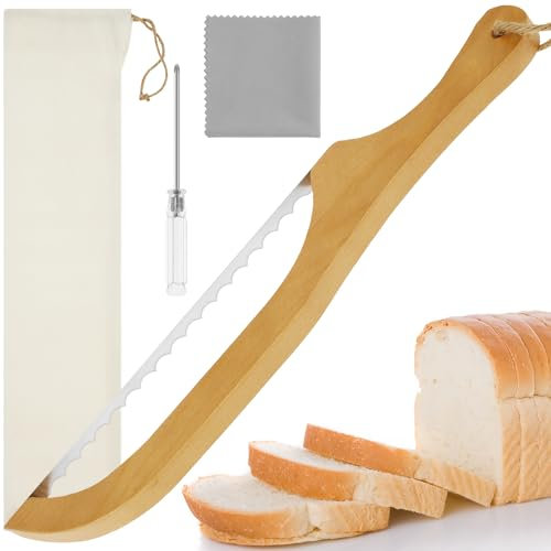 Bread Bow Cutter, Stainless Steel Sourdough Bread Slicer with Screwdriver Serrated Bagel Cutter with Wooden Handle and Storage Bag Bread Slicer Practical Sourdough Cutter for Home 15.7×2.8 Inch.