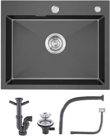 KINKIBOS Fregadero de cocina de acero inoxidable 304, 55 x 45 cm, color negro y gris, empotrable con orificio para grifo y rebosadero (sin sifón), 1 lavabo rectangular, para armario bajo de 60 cm
