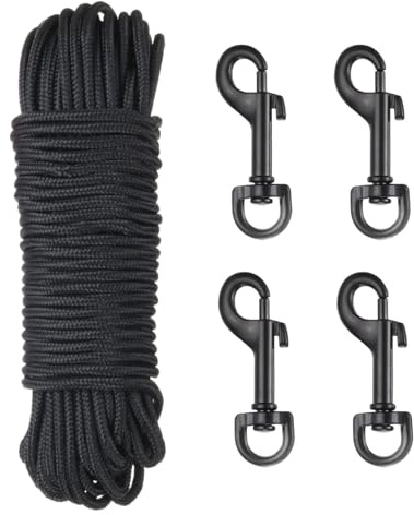 sourcing map 50Ft Flag Pole Rope Kit, Flag Pole Halyards Rope 1/4 Thick with 4 Pcs Zinc Alloy Swivel Flagpoles Clips Hook(Black), Nylon Flagpole Line Rope Black