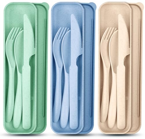3 Sets Reusable Cutlery Set with Case, Portable Plastic Cutlery with Spoons Fork Knife, Travel Cutlery Set for Picnic Camping Daily Use
