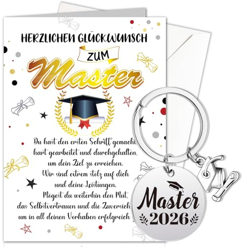 HOWAF Master Karte 2026 Glückwunschkarte mit Umschlag, Abschluss Karte Bestandene Prüfung & Master 2026 Schlüsselanhänger für Geschenke zum Masterabschluss, Abschluss Geschenk