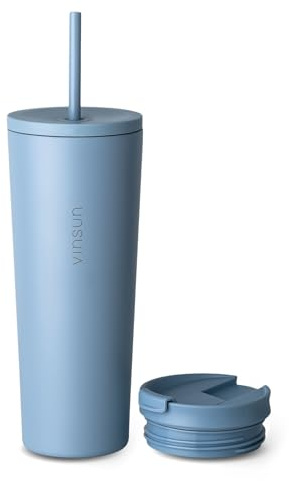 VINSUN Thermobecher mit Strohhalm 720ml - Edelstahl, auslaufsicher, doppelwandig isoliert - Heiß & Kaltgetränke - Kaffee Trinkbecher mit zwei Deckeln für Auto, Büro