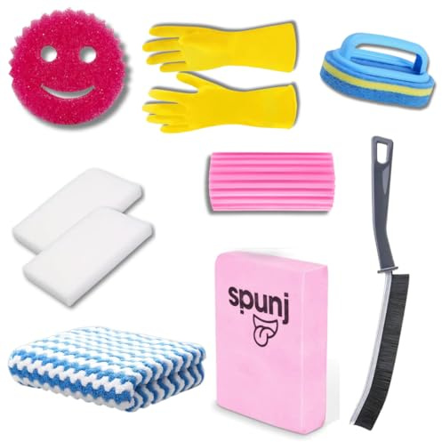 Ultimate Cleaning Bundle - Spunj, Damp Duster Sponge, Narrow Gap Brush, Gloves, Smiley Face, Microfibre Cloth, 2 Magic Sponges, Scrubber with Handle - Complete Cleaning Kit by Kevagh