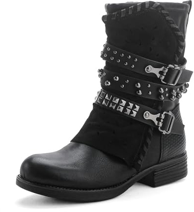 Pogolino Damen Stiefeletten Nieten Biker Boots mit Reißverschluß flach bequem Stiefel ST016 (ST15 Schwarz 39)