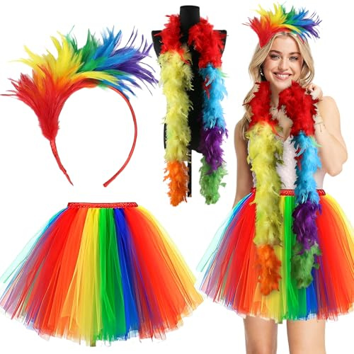 Ycaaeo 3er karneval Kostüm Damen Regenbogen, Tüllrock Bunt Damen, mit Regenbogen Haarreif Karneval, Regenbogen Federboa, Regenbogen Kostüm Damen, Kostüme und Accessoires für Karnevalspartys