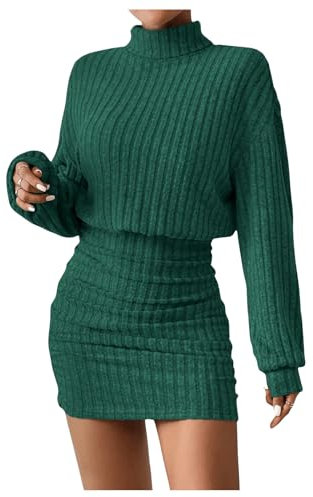 GORGLITTER Damen Pulloverkleid Stehkragen Freizeitkleid Rippstrick Winterkleid Kurzes Figurbetontes Kleid Dunkelgrün M