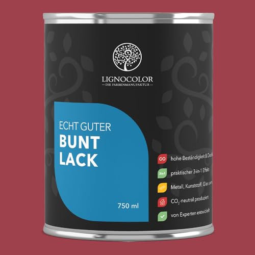 Lignocolor Buntlack glänzend (750 ml, Paris Red) | hochbeständiger Lack für Holz, Metall, Kunststoff & Kinderspielzeug