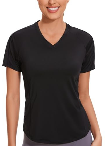 AMZSPORT Sportshirt Damen Kurzarm, V-Ausschnitt Sport T Shirts Fitness Oberteile Atmungsaktive Funktionsshirt Laufshirt, Schwarz XL