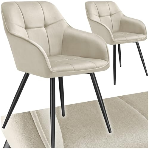 tectake® Silla de Comedor con Tapizado Aterciopelado Acolchado, Silla de Cocina Elegante y Moderna, Patas de Acero, Fácil Limpieza, Ideal Silla Salón, Tocador, Dormitorio - 2 sillas Crema/Negro