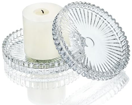 kanpura 3.5 Inch Glass Pillar Candle Holder Set Set of 2 Gear Round Candle Plate Flat Candle Stand for Table Centerpieces,Party, Wedding Home Decor