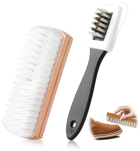AEIOPRS Set di 2 Spazzole per Scarpe Scamosciate e Nabuk Detergente a 4 Lati con Setole in Ottone Gomma e Panno Pulito