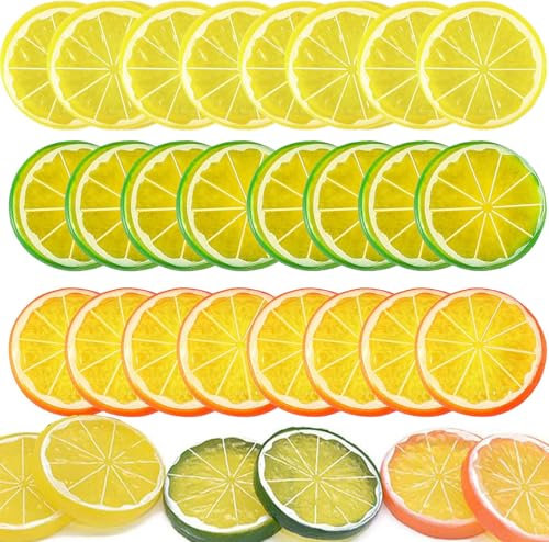 LATRAT 30 piezas de rodaja de limón falsa adornar fruta artificial, modelo de fruta pequeña para el hogar, cocina, mesa, fiesta, decoración, fotografía, accesorios