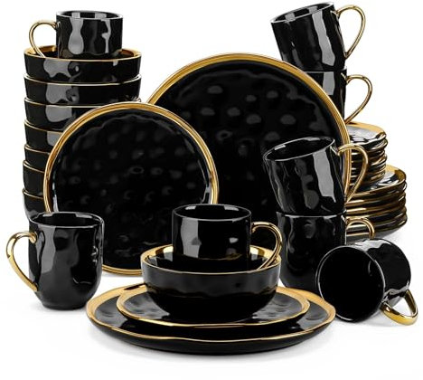 Dinnerware Set 16/32 Piece Black Porcelain Dinnerware Set with Gold Trim Dessert Plate,Dinner Plate,Cup,Bowl Tableware Set Ceramic Plates and Bowls Sets(32 Piece)