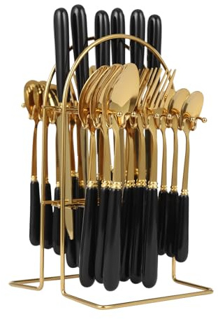 24 Pieces Service Cutlery Set with Holder, Stainless Steel Knife Fork Spoon Flatware Set for 6 People, Mirror Polished Tableware Sets, for Home, Kitchen, Restaurant (Black)