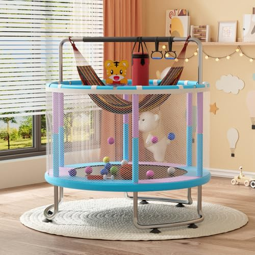 5FT Eisen Kindertrampolin, Trampolin Outdoor rechteckig,Kindertrampolin für draußen,Trampolin Indoor Kinder, mit Sicherheitsnetz, Korb, Stange, Schaukel, Geschenk für Kinder (Blau Lila)