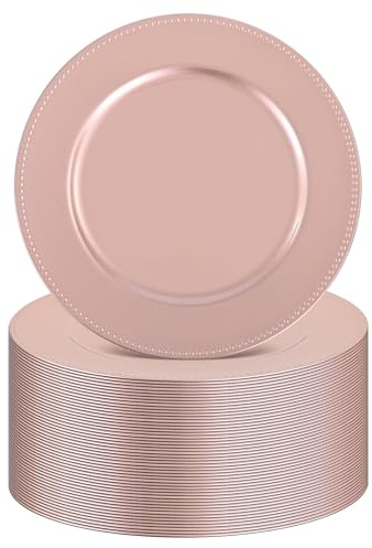 FXKS 50 Pcs Rose Gold Charger Plates Round Charger Plates13 Inch Bulk Wedding Dinner Elegant Reusable Plastic Chargers Plates Wedding Holiday Party Baby Shower Event Decoration (Rose Gold)