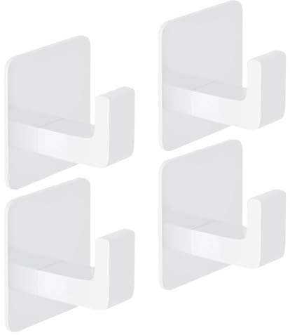 MEISO 4 Piezas Ganchos Adhesivos para Pared, Ganchos Toallas Ropa, Colgador Toalla Baño Aluminio, Autoadhesivos sin Taladrar Soportes para Toallas, para Baño Cocina Albornoz Trapos (Blanco)