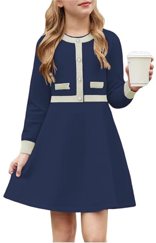 Arshiner Niñas Vestido Invierno Niños Cálido Punto A-Line Fiesta Festivo Elegante de Manga Larga Vestidos para Niñas 9-10 años Azul Marino