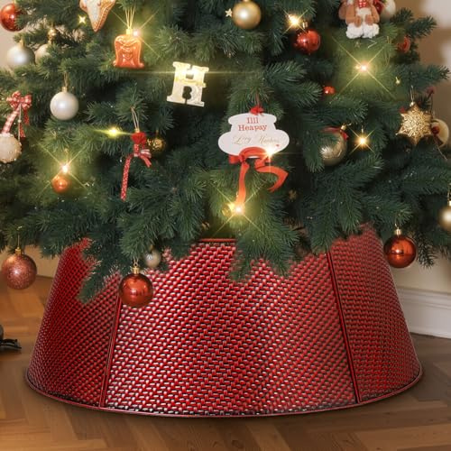 Lanpn Metall Weihnachtsbaum Kragen 70cm, Weihnachtsbaum Halsband Christmas Tree Collar Für Mittelgröße M Wetterfest Für Kunstbäume Innen Außen - Weihnachtsdekoration (Rot, Köperbindung)