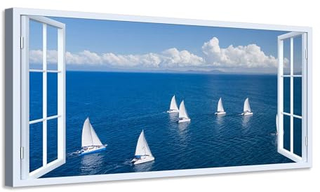 Generico Quadro finestra Barche a Vela sul Mare - Stampa su tela con telaio in legno - 140x70 cm
