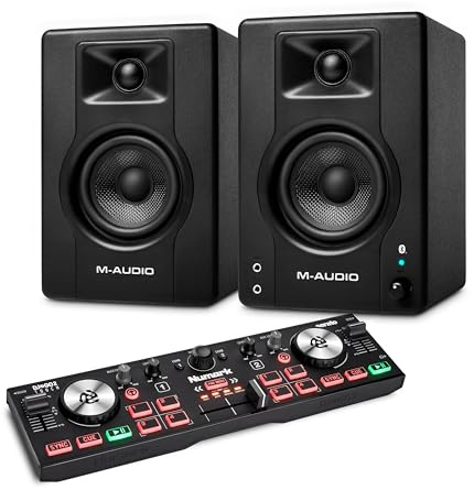 Numark DJ2GO2 Touch DJ Controller and M-AUDIO BX4 Pair Bluetooth Studio Monitors for Studio Recording, Music Production, Podcasting, Streaming