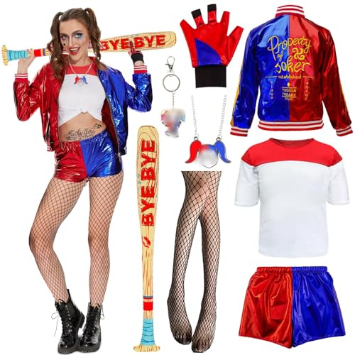 Halloween Costume for Women- Adult Villain Costumes World Book Day Quin Outfit Clown Costumes with Jacket T-shirt Shorts Gloves Baseball Bat Necklace for Children Cosplay Fancy Dress Carnival Costume